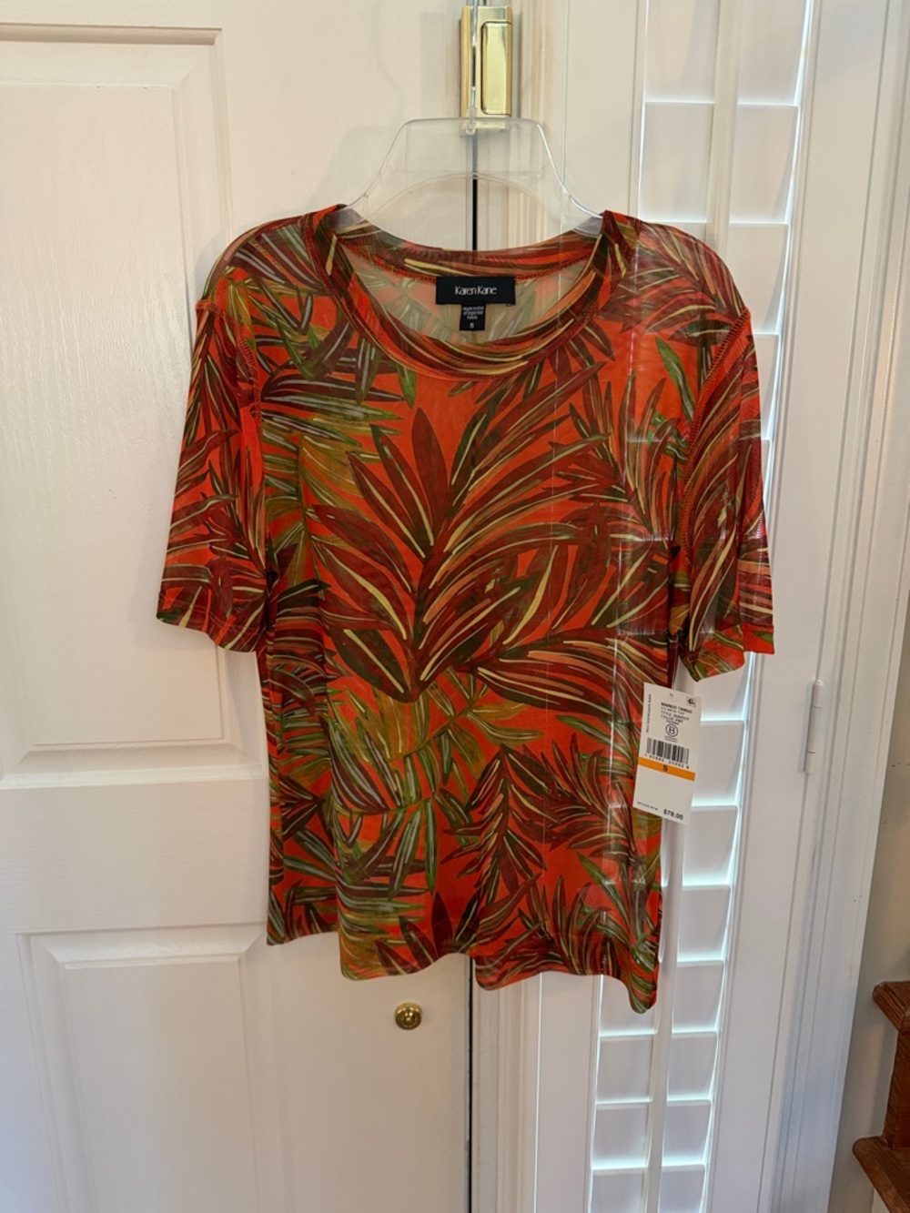 Karen Kane Orange Tropical Leaf Short Sleeve Tee